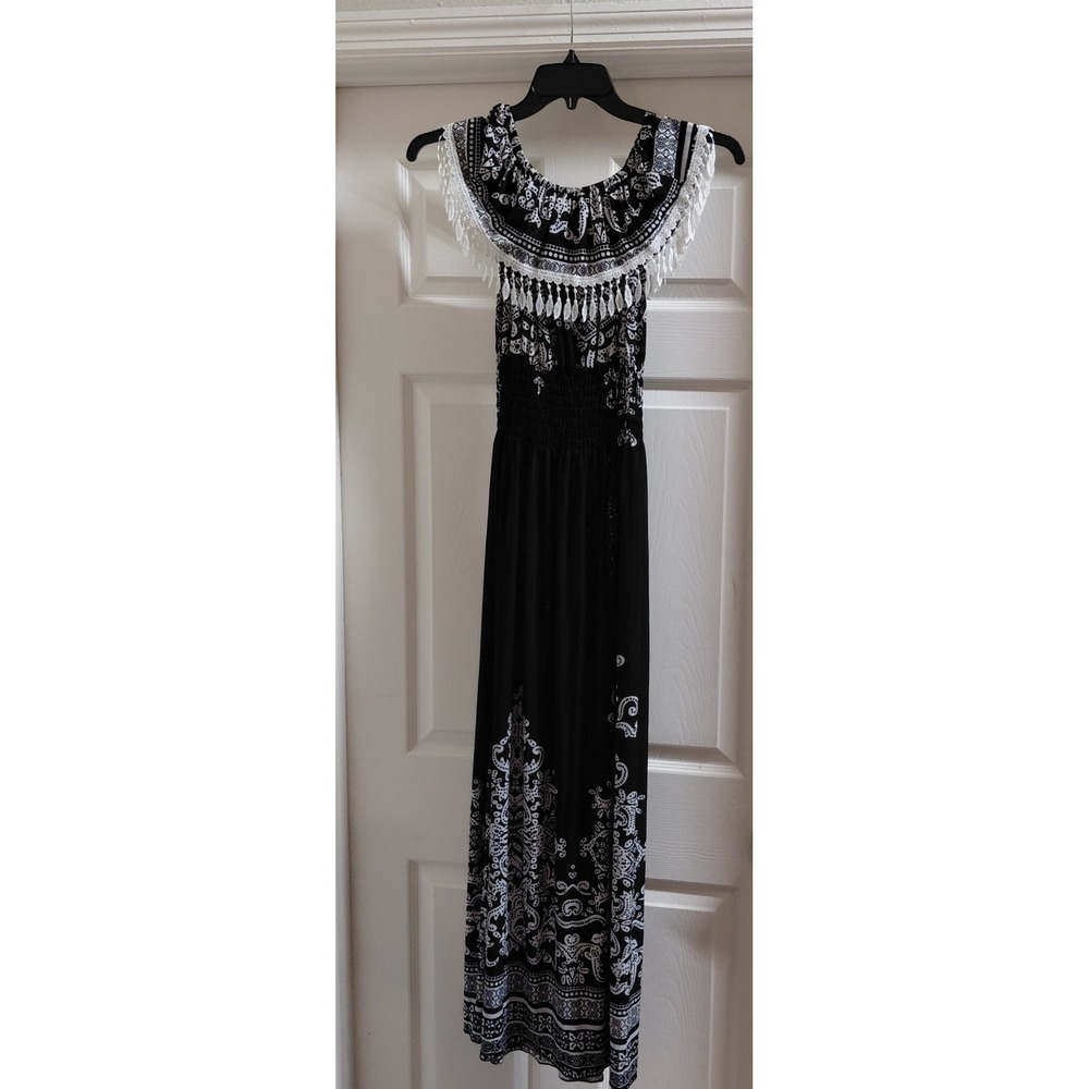 Women's XXL Black White Boho Paisley Maxi Dress Fringe Tassel Smocked NWT
